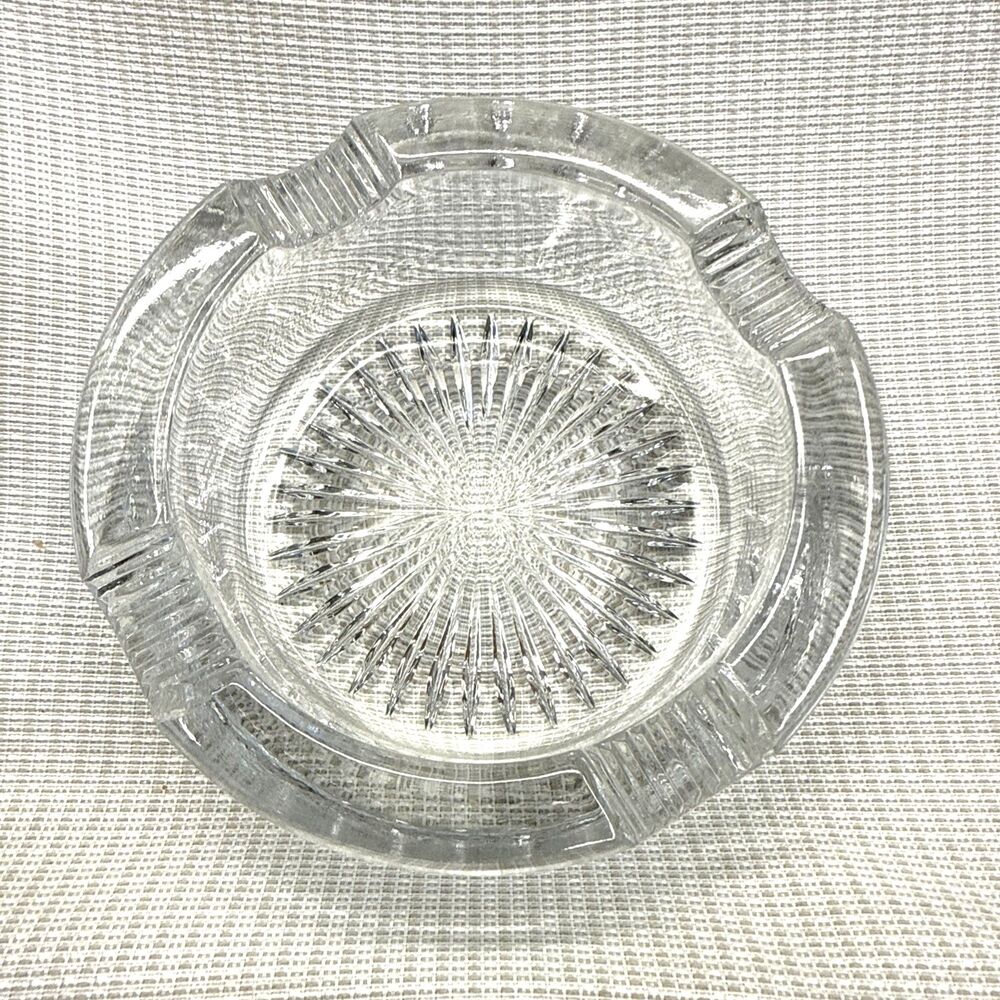 Vintage Lead Crystal Heavy Cut Clear Glass Ashtray Starburst Pattern